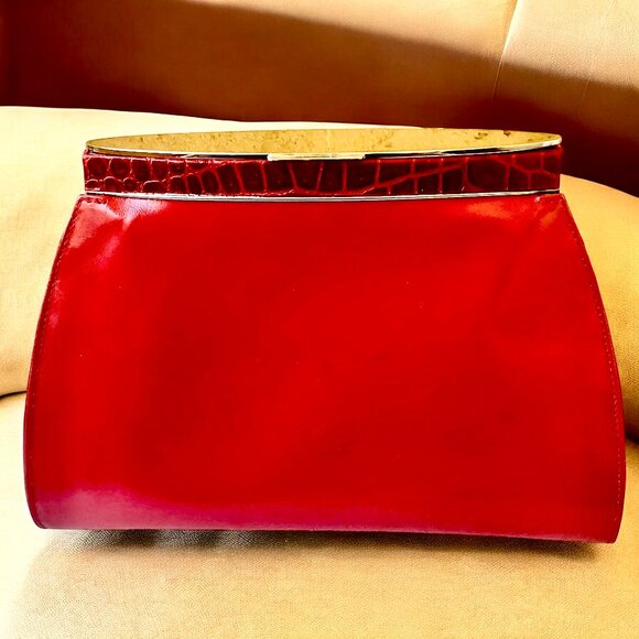 Perry Ellis Red Leather Vintage Clutch Handbag Chrome Croc Print Italy - Picture 3 of 15